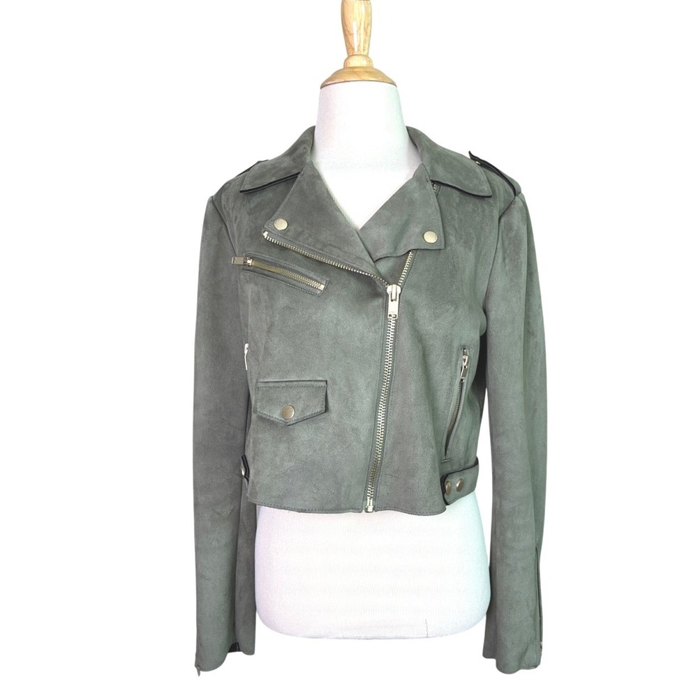 ONLY (ASOS) Size 38 US Small Army Green Faux Suede Cropped Moto‎ Jacket Grunge